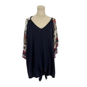 Avenue Womens Plus Size 22/24 Navy Blue Boho Floral Tie Front Kimono Sleeve Top